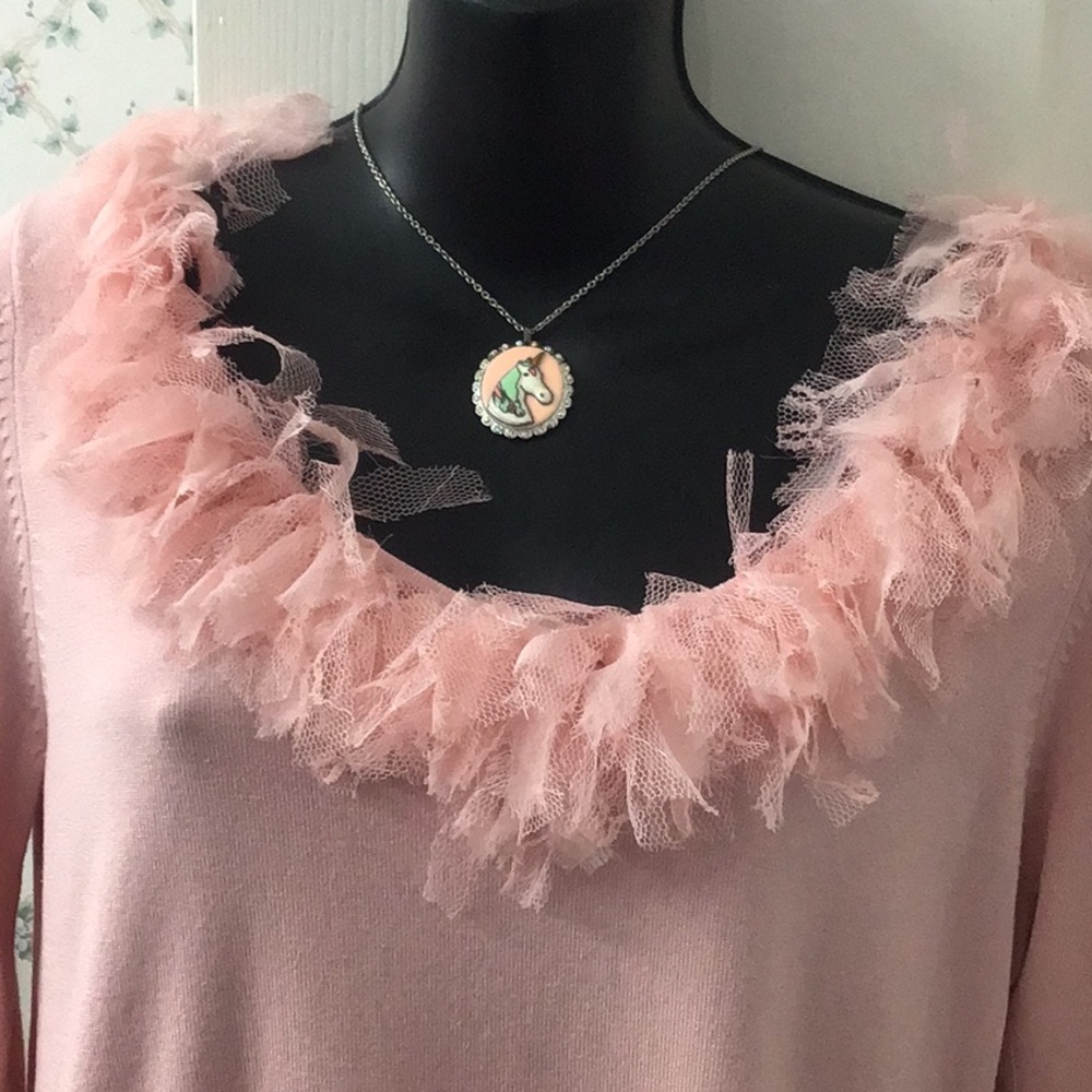 Sweaterworks Vintage “Cheeky Pink” Sz M Silk & Nylon Ruffled Scoop Neck Sweater.